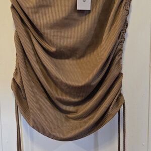 gaze Ribbed Drawstring Midi Skirt - Camel Brown